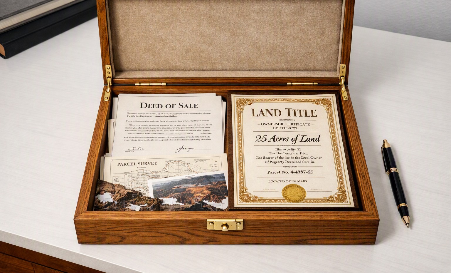 Wooden keepsake box holding a Deed of Sale, Land Title certificate, and parcel survey